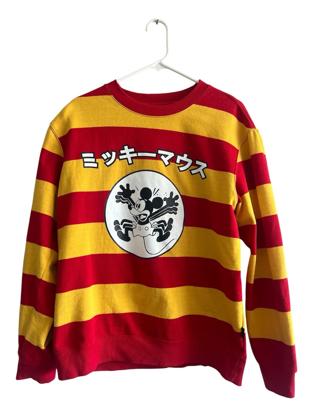 RARE Japanese Mickey Mouse Sweatshirt Katakana Striped Red Yellow Disney